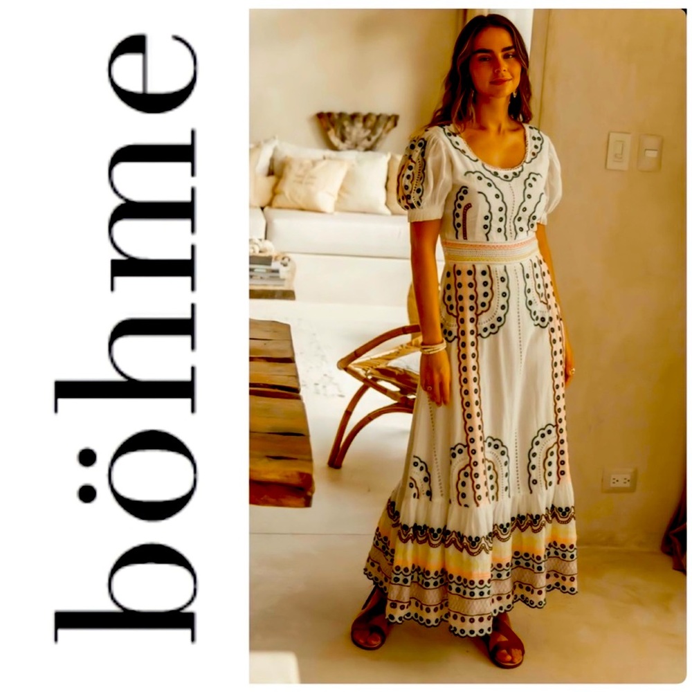 Bohme Avalee Maxi Dress, Large, White with embroidery